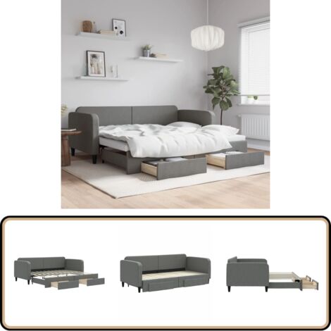 Tagesbett Ausziehbar mit Schubladen Dunkelgrau 90x200 cm Stoff - Sofa Bett - Schlafcouch - Gästebett - Tagesbett - Wohnzimmer Möbel