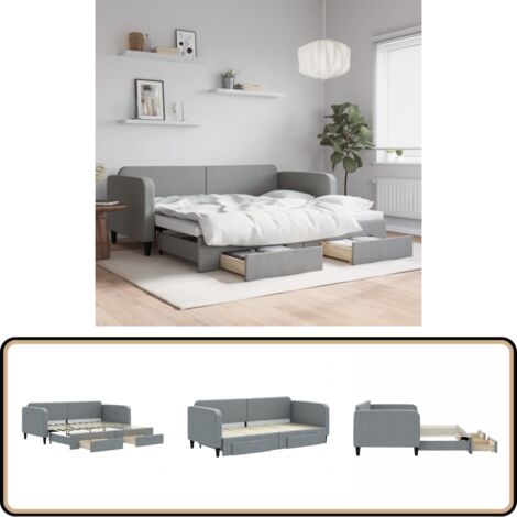Tagesbett Ausziehbar mit Schubladen Hellgrau 90x200 cm Stoff - Sofa - Schlafcouch - Gästebett - Tagesbett - Wohnzimmermöbel