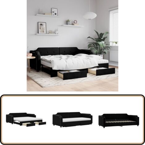 Tagesbett Ausziehbar mit Schubladen Schwarz 100x200 cm Stoff - Schlafcouch - Gästebett - Tagesbett - Ausziehbares Bett - Wohnzimmermöbel