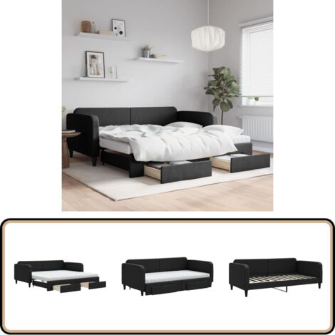 Tagesbett Ausziehbar mit Schubladen Schwarz 100x200 cm Stoff - Schlafcouch - Sofa Bett - Gästebett - Ausziehbares Bett - Raumsparer