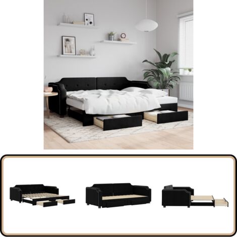 Tagesbett Ausziehbar mit Schubladen Schwarz 100x200 cm Stoff - Schlafsofa - Doppelbett - Gästebett - Tagesbett - Wohnzimmermöbel