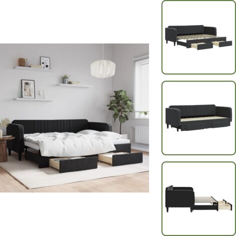 Tagesbett Ausziehbar mit Schubladen Schwarz 80x200 cm Samt - Sofa - Schlafcouch - Gästebett - Tagesbett - Wohnzimmermöbel