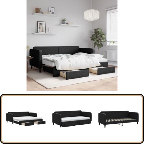 Tagesbett Ausziehbar mit Schubladen Schwarz 80x200 cm Stoff - Schlafcouch - Gästebett - Tagesbett - Ausziehbares Bett - Möbel