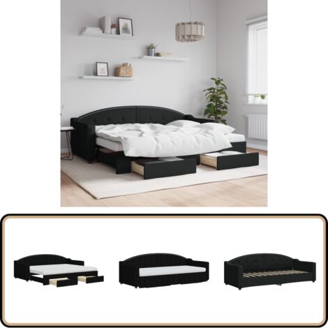 Tagesbett Ausziehbar mit Schubladen Schwarz 80x200 cm Stoff - Schlafcouch - Sofa Bett - Gästebett - Ausziehbares Bett - Tagesbett