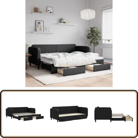 Tagesbett Ausziehbar mit Schubladen Schwarz 80x200 cm Stoff - Sofa - Schlafcouch - Gästebett - Tagesbett - Wohnzimmer