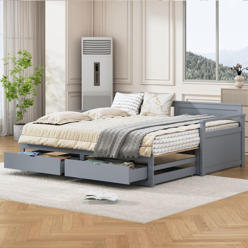 Modenvie Tagesbett Ausziehbett 90×190 Cm Und 180×190 Cm, Bett 2 Personen Mit 2 Schubladen Und Ausziehbett, Ohne Matratze, Grau