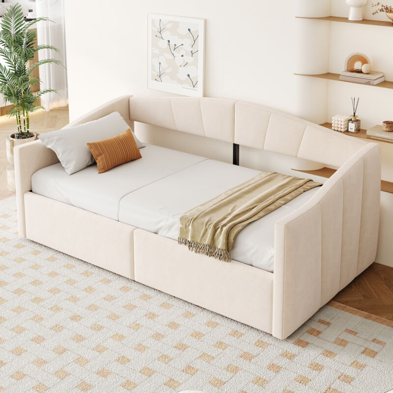 Modenvie Tagesbett Einzelbett Mit Bettkasten, Mit Hydraulik, Rückenlehne Und Armlehnen, 200×90 Cm, Ohne Matratze, Aus Samt, Beige