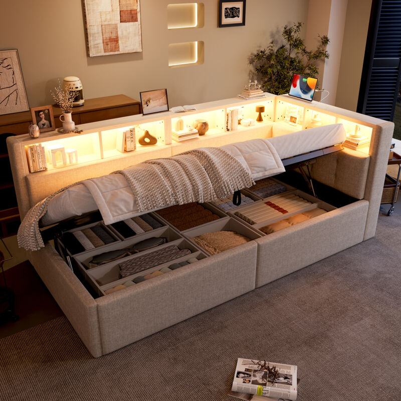 Mivray Tagesbett Leinen Beige 90x200 Cm Mit Stauraum, Led-beleuchtung, Usb- Und Typ-c-anschlüssen