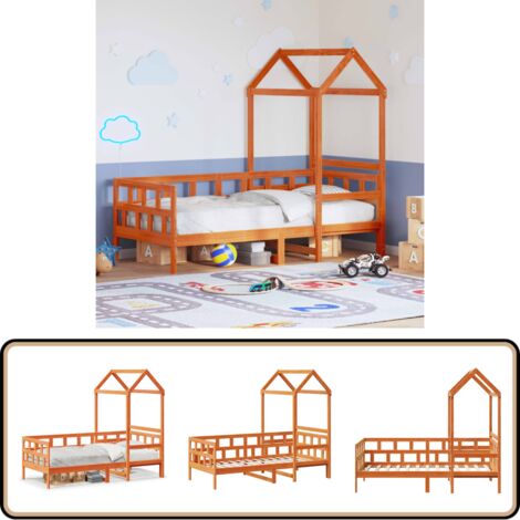Tagesbett mit Dach Wachsbraun 90x200 cm Massivholz Kiefer - Kinderzimmer Möbel - Kinderbett - Jugendbett - Holzbett - Kiefernholzbett