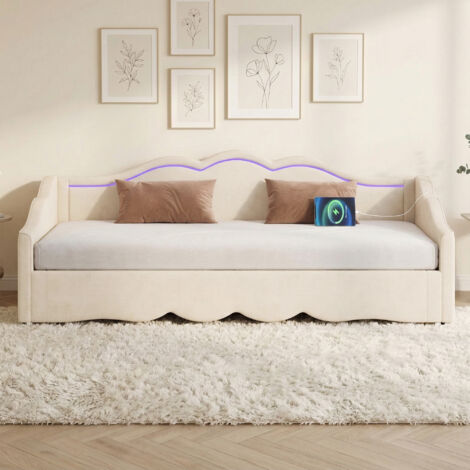 Tagesbett Samt Beige 90x200 cm, ausziehbar auf 180x200 cm, mit LED, USB-/Type-C-Anschluss und Lattenrost