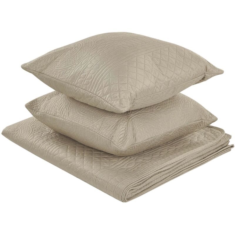 Beliani Tagesdecke Taupe Aus Polyester 160 X 220 Cm 2 Kissen Mit Geprägtem Muster Bettüberwurf Dekorativ Für Doppelbett Schlafzimmer Modernes Bettzeug