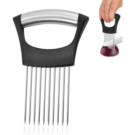 Taglia cipolle in acciaio inox, forchetta per cipolle, affettatrice universale per frutta e verdura, ago per carne, nero 14  9,5 cm