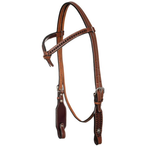 taglia unica, Chestnut: Testiera western in cuoio con frontalino a nodo e cuciture a contrasto modello x-stitch
