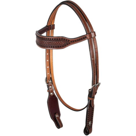 taglia unica, Chestnut: Testiera western in cuoio con frontalino largo e cucitura a contrasto modello x-stitch