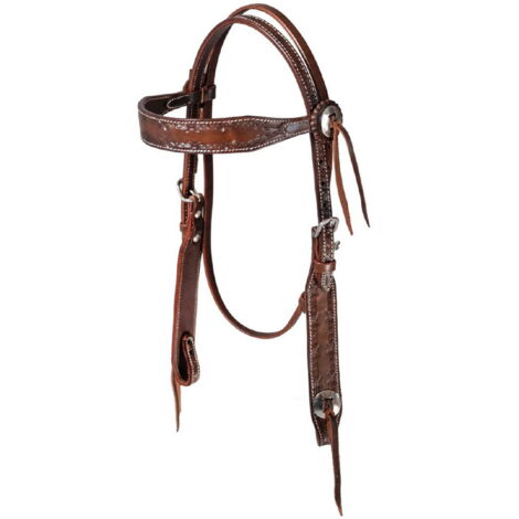 Taglia unica, Marrone Rossiccio Chestnut: Testiera western in cuoio con frontalino largo e lavorazione barbwire