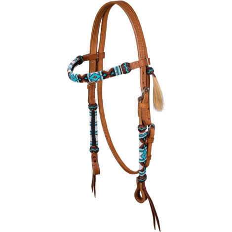 taglia unica, naturale: Testiera western in mordibo cuoio con perle navajo