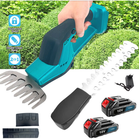 PEDONY Tagliasiepi a batteria, forbici per erba, forbici per arbusti, 2 lame intercambiabili, 2 in 1 leggere, taglio, rifinitura, tosatura + 2 batterie 3.0A + caricabatterie, compatibili con batteria Makita