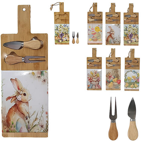 Tagliere in ceramica e legno con coltello e forchetta per formaggio decorazioni di pasqua addobbi pasquali idea regalo casa cucina 20 cm