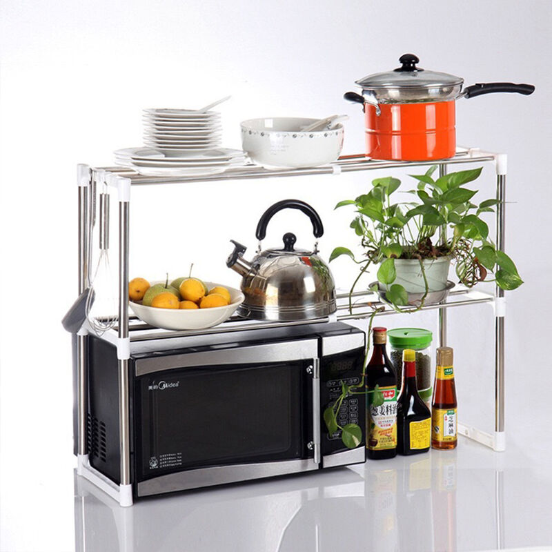 Skecten – Étagère extensible en acier inoxydable pour four à micro-ondes – 2 étages avec 6 crochets – Dimensions ajustables 63 x 24 x 47-87 cm