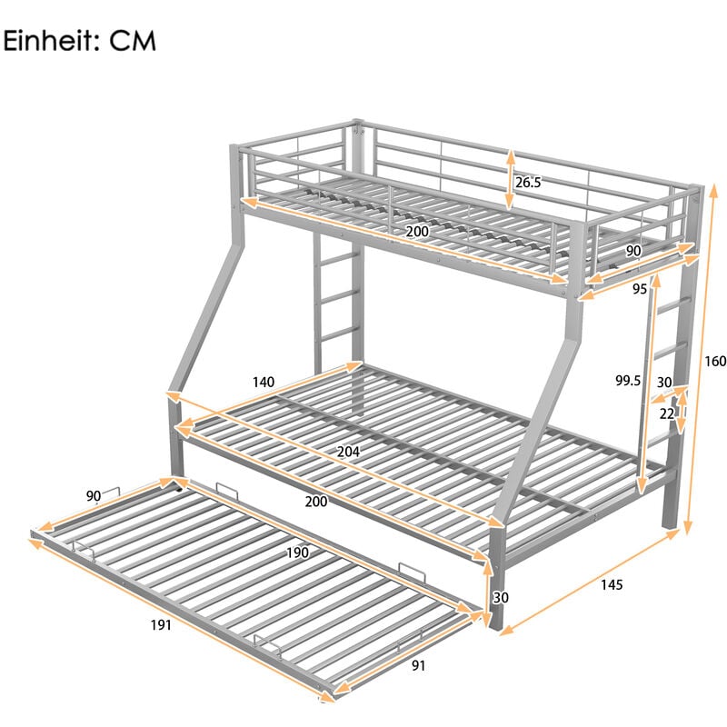 L&h-cfcahl - 90(140)x200cm Lit superposé, lit métallique à rallonge,avec échelle des deux côtés pour enfants, adolescents, adultes, facile à monter,