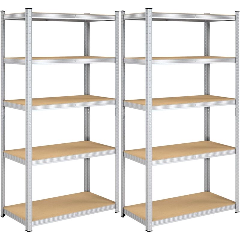 Étagères charge lourde métallique, lot de 2, 200 x 100 x 50 cm, 5 niveaux, charge totale 600 kg (120 kg/niveau), Étagères rangement planches