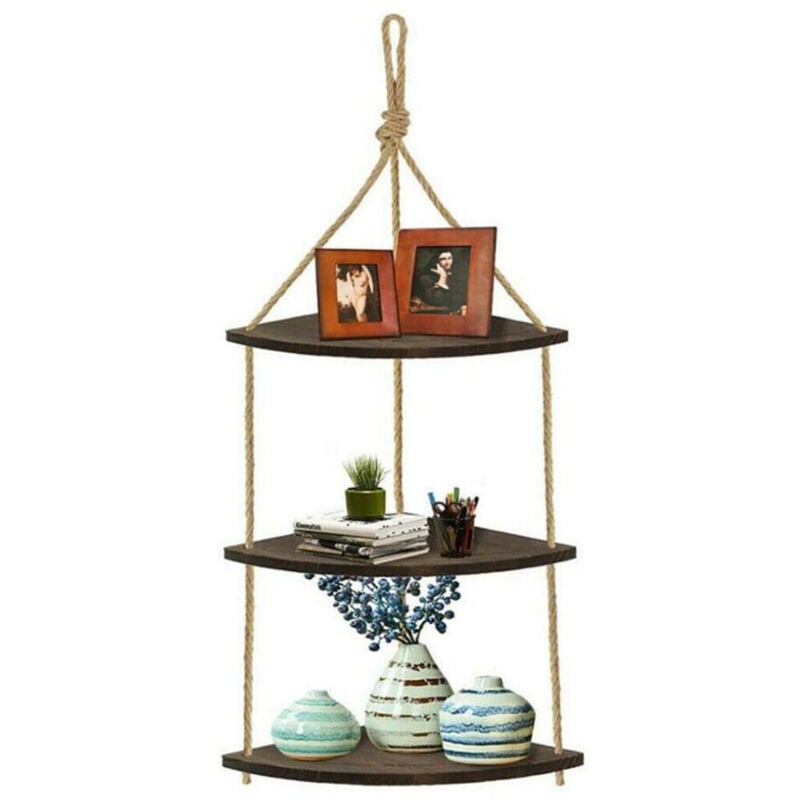 Unho - tagère Angle Murale Étagère Flottante en Bois avec Corde Support Suspendue Rangement 94 cm