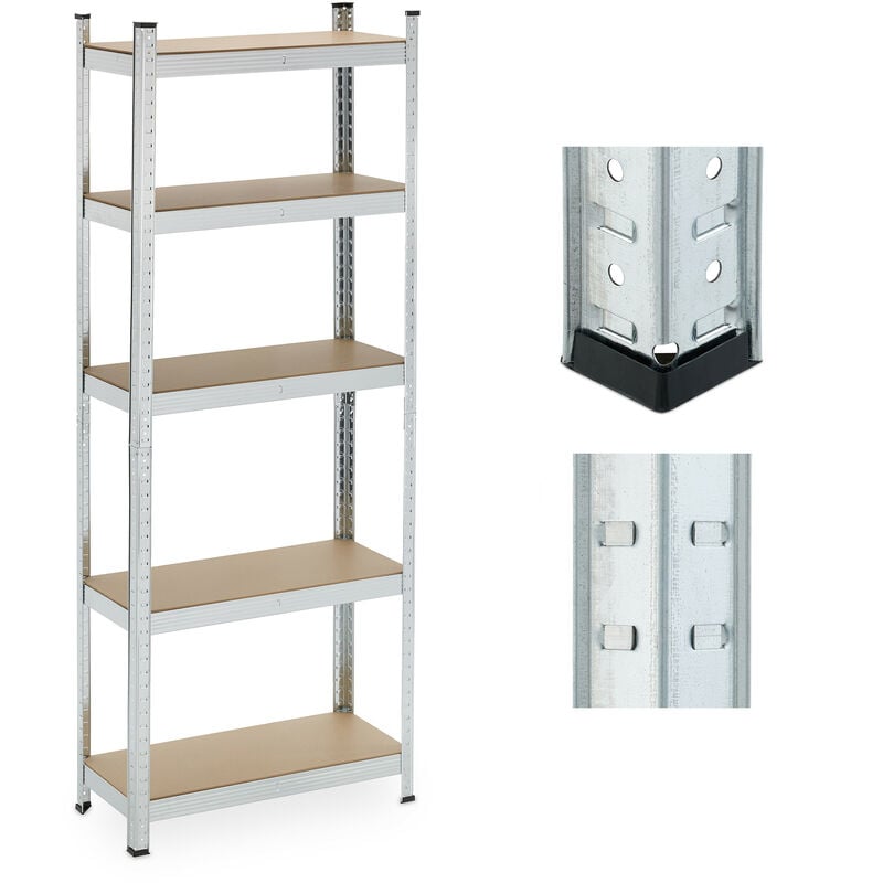 Tagère charge lourde, 5 niveaux, HxLxP: 180x70x30 cm, supporte jusqu'à 500 kg, acier, cave & garage, argenté - Relaxdays