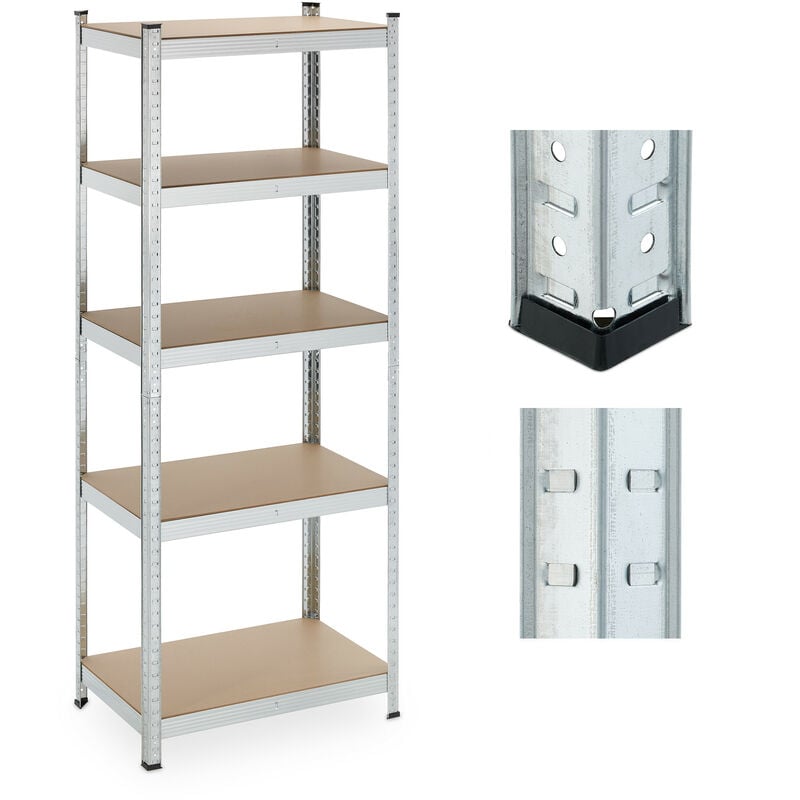 Tagère charge lourde, 5 niveaux, HxLxP: 180x70x45 cm, supporte jusqu'à 500 kg, acier, cave & garage, argenté - Relaxdays