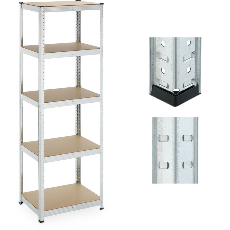 Tagère charge lourde, HxLxP: 180x60x45 cm, 500 kg, acier galvanisé, rangement cave, à monter, argenté - Relaxdays