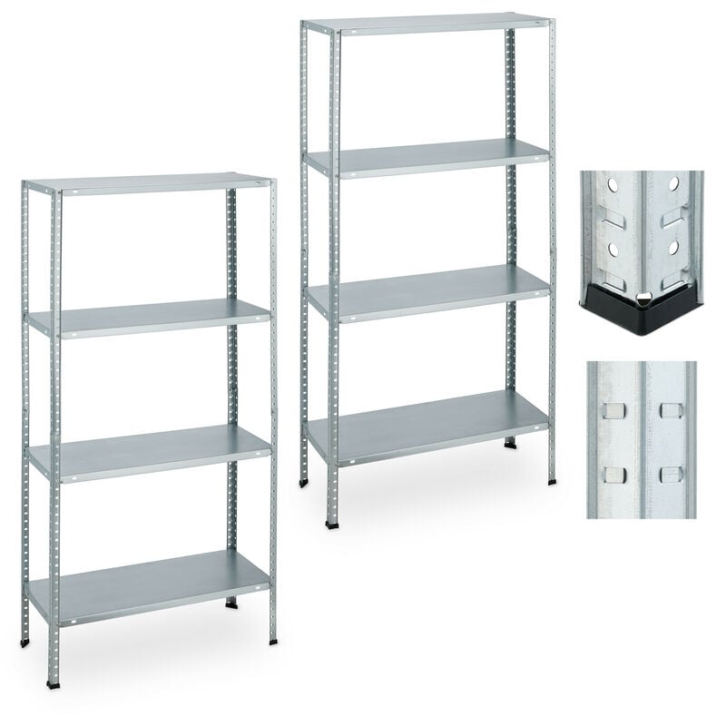 Tagère charge lourde, lot de 2, HxLxP: 147,5 x 75,5 x 30,5 cm, 160 kg, acier galvanisé, pour cave, argenté - Relaxdays