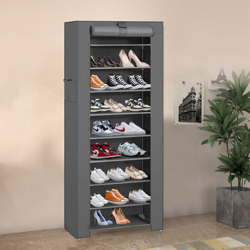 Tagère à chaussures avec housse en tissu taille 60×30×160cm dix couches et neuf grilles gris foncé
