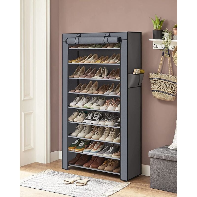 Todot - tagère à Chaussures en Tissu à 10 Niveaux, Meuble de Rangement 28 x 88 x 160 cm, avec Housse de Protection, Cadre en Métal-Gris