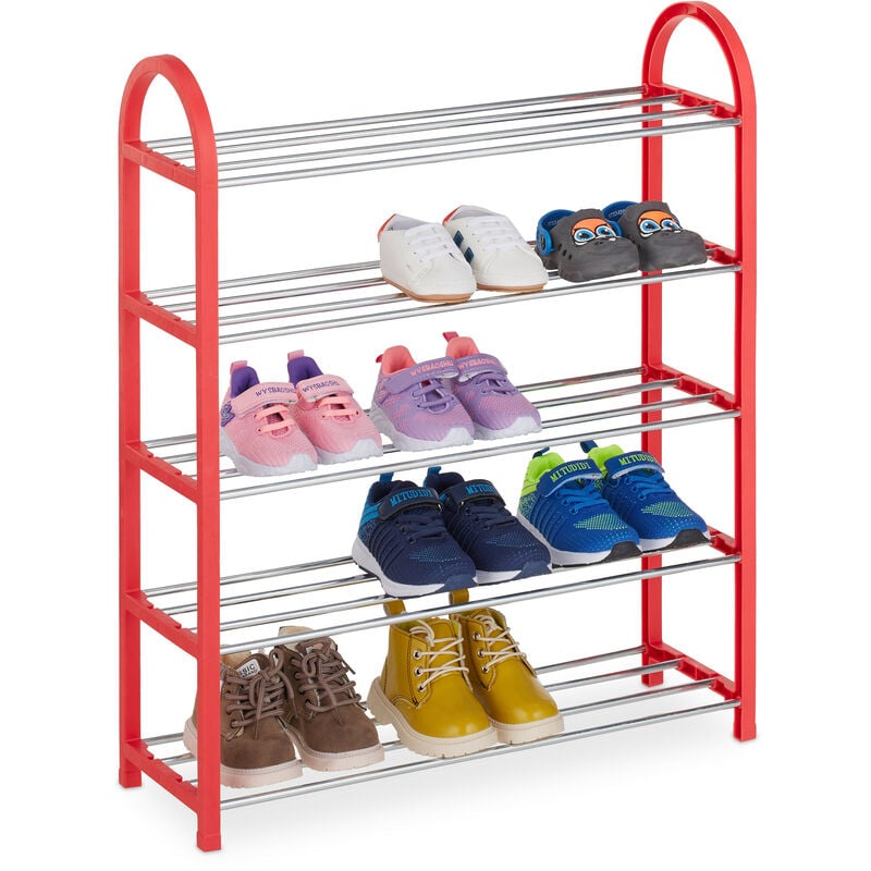 Tagère à chaussures, enfants, 15 paires, pointure 30, peu encombrant, ouvert, léger, rangement couloir, rouge - Relaxdays