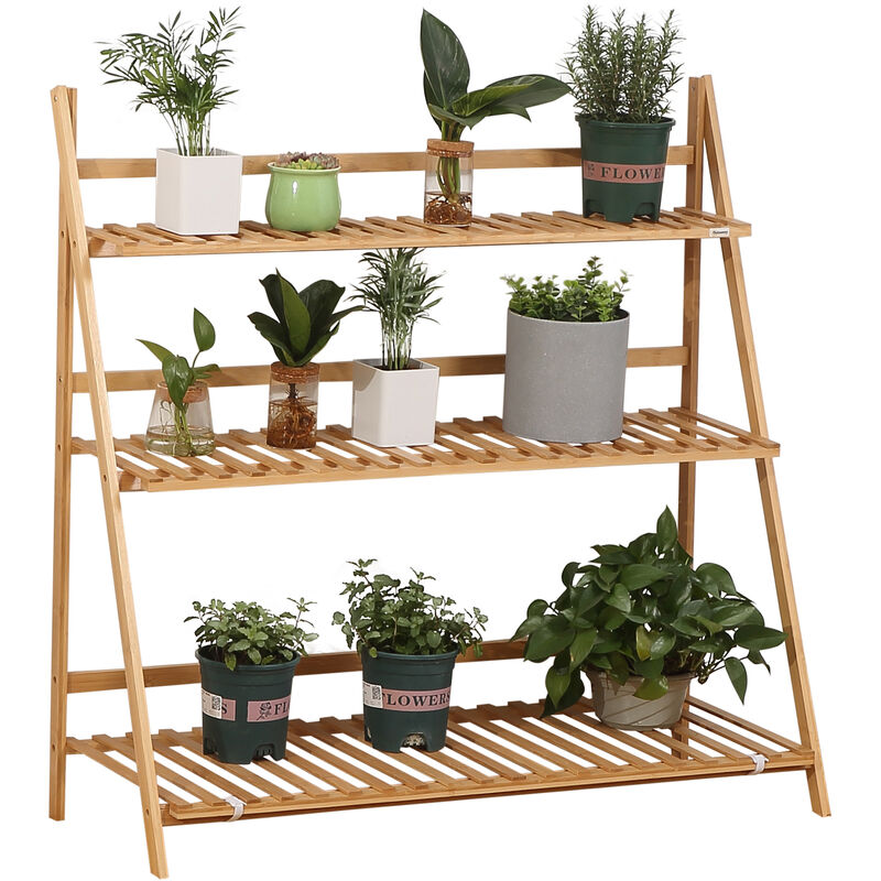 Outsunny - tagère échelle à fleurs en bois de bambou - porte plantes pliable bois 3 étagères à lattes