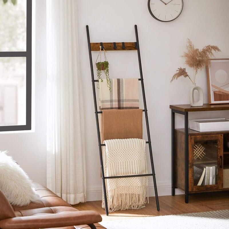 Vasagle - tagère échelle inclinée, Porte-serviettes, 5 niveaux, 44 x 160 cm, gain de place, cadre en acier, 4 crochets, pour couvertures, serviettes,