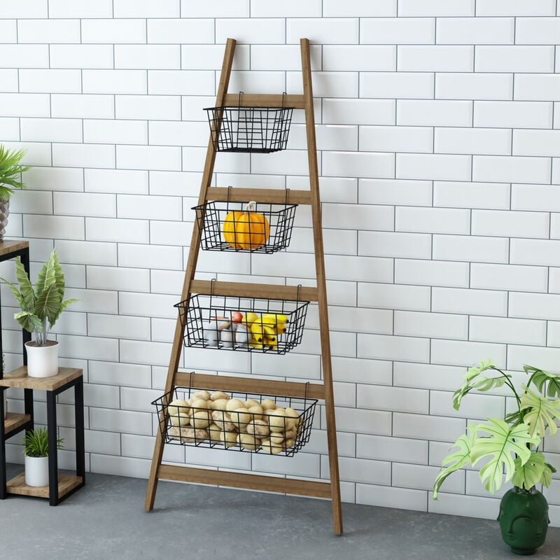 Tagère échelle Sejlflod 4 paniers de stockage à grille 144,5 x 26 - 81 x 17 cm [en.casa]