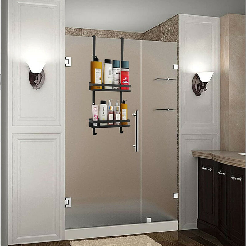 Tagère de Douche Panier De Douche à Suspendre avec Deux Paniers et Quatre Crochets sans Perçage Support de Douche pour Douche avec Paroi ou Porte