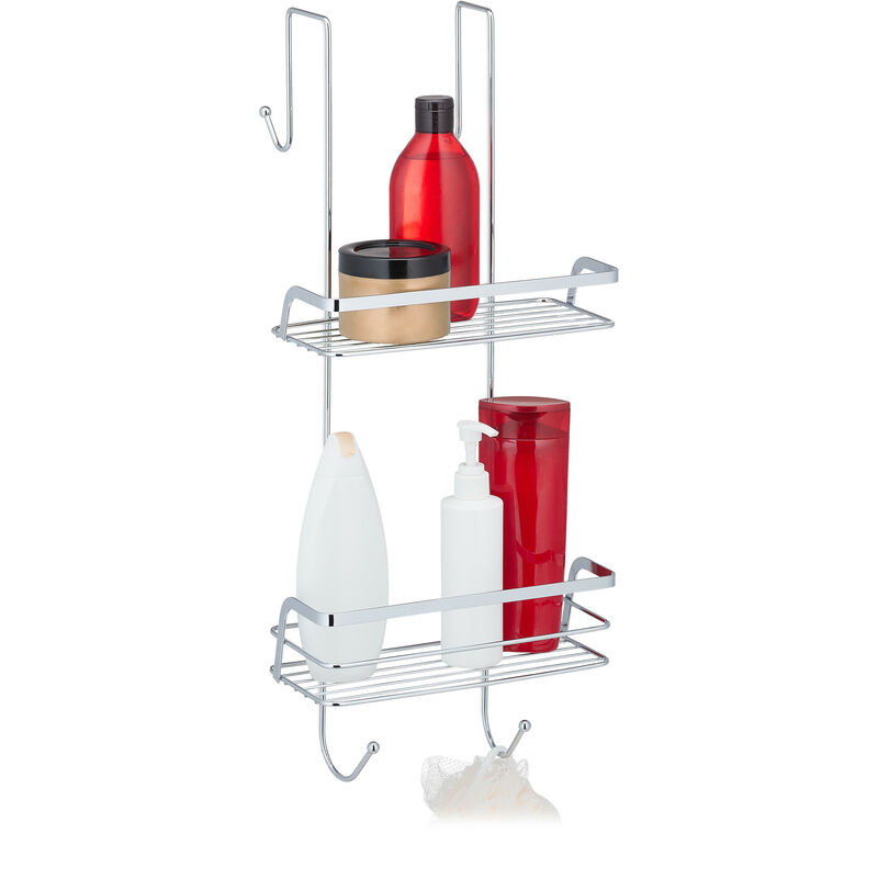 Tagère de douche à suspendre, 2 paniers, 4 crochets, rangement shampoing sans perçage, en fer chromé, argenté - Relaxdays