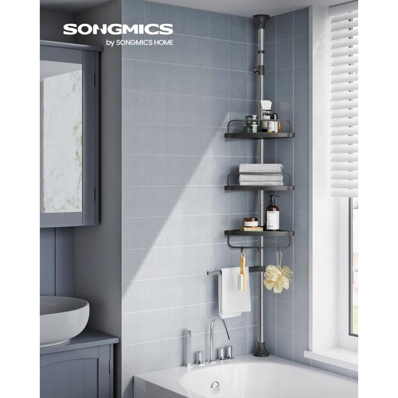 Songmics - tagère de Douche Réglable en Hauteur, Hauteur Totale 95-300 cm, en inox, 4 Niveaux, 3 Crochets, 1 Porte-Serviettes, Rangement Salle de