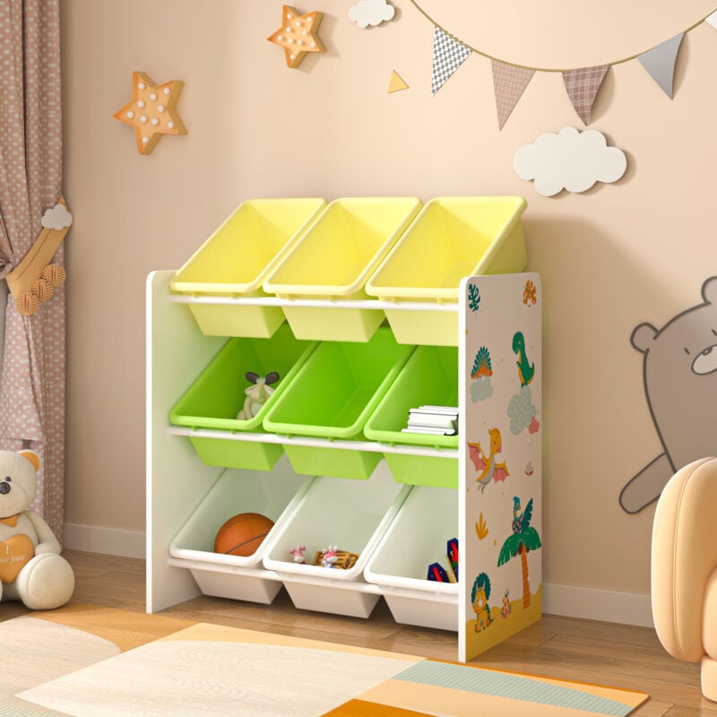Tagère de rangement Muxía pour enfant avec 9 bacs ouverts blanc / vert / jaune [en.casa]