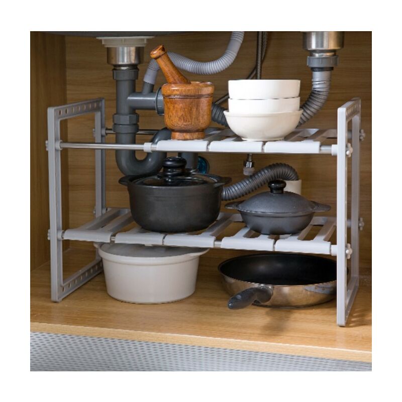 Tagère de Rangement sous Évier - Acier Inoxydable et Plastique pp - Rack Extensible Organisateur - Étagère Extensible de Rangement avec 8 Panneaux