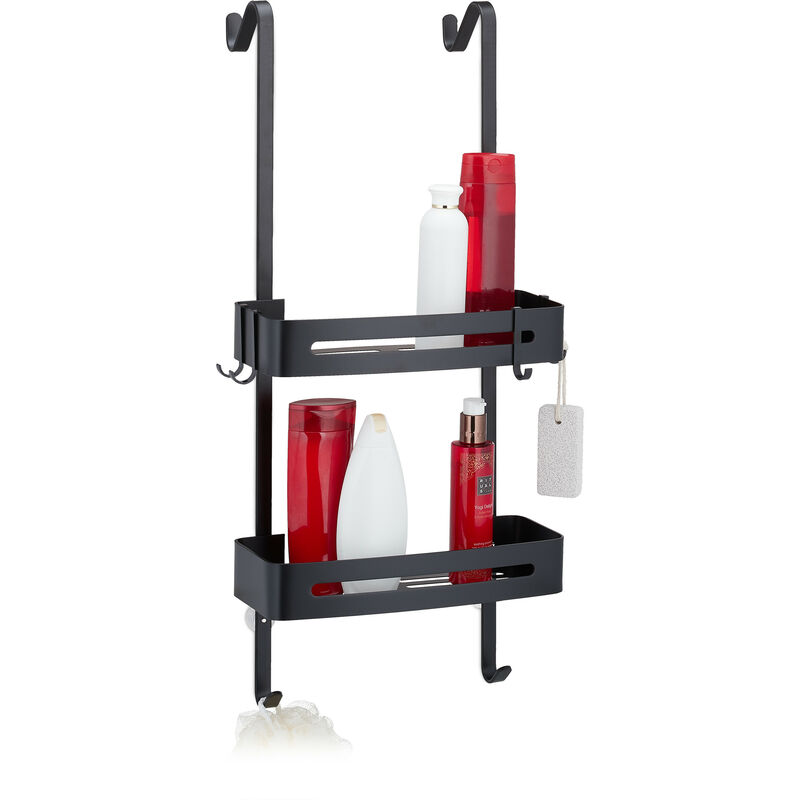 Tagère de salle de bain à suspendre, 2 niveaux, 8 crochets, sans perçage, pour shampoing, etc., alu, noire - Relaxdays
