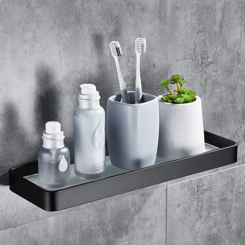Tagère Douche sans Percage Etagere Murale Salle de Bain Caddy avec Rangement Organisateur Antirouille Aucun Dommage en Verre Trempé Aluminium Space