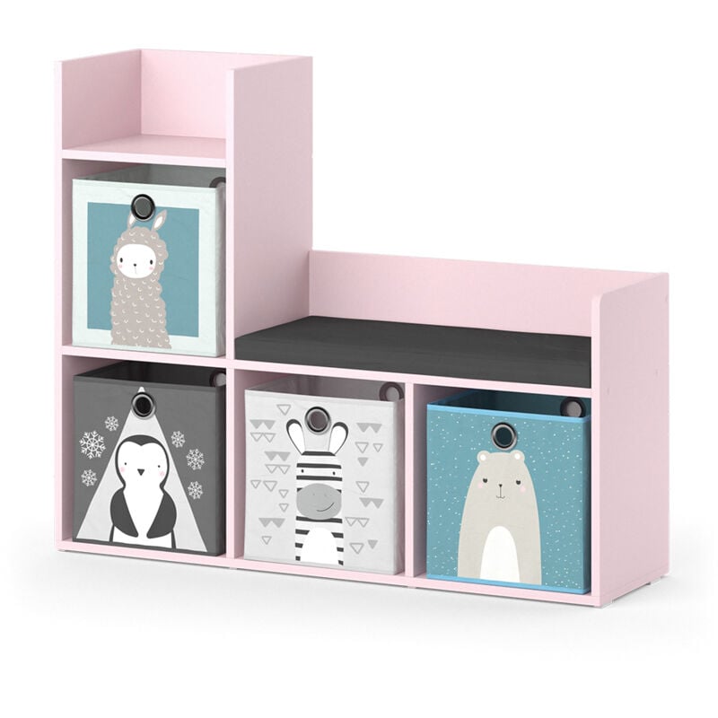 Vicco - Bibliothèque enfant Luigi, Rose, 107.2 x 88.6 cm avec 2 boîtes pliantes (grises)