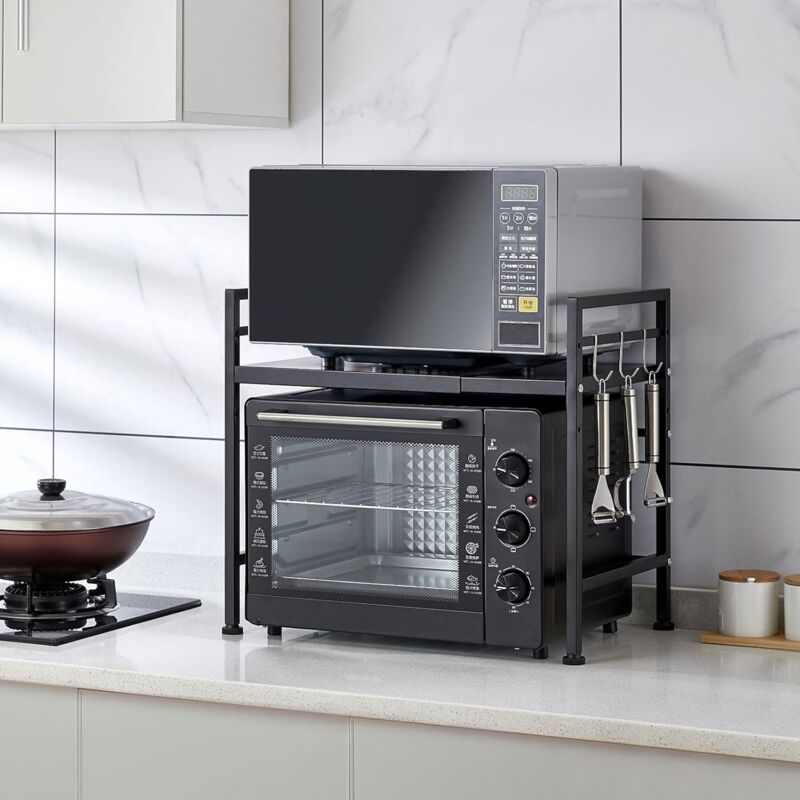 Tagère Extensible à 2 Niveaux Four à Micro Ondes Étagère de Rangement avec 3 Crochets, Support à Micro-Ondes Organisateur Rangement Cuisine, en Acier