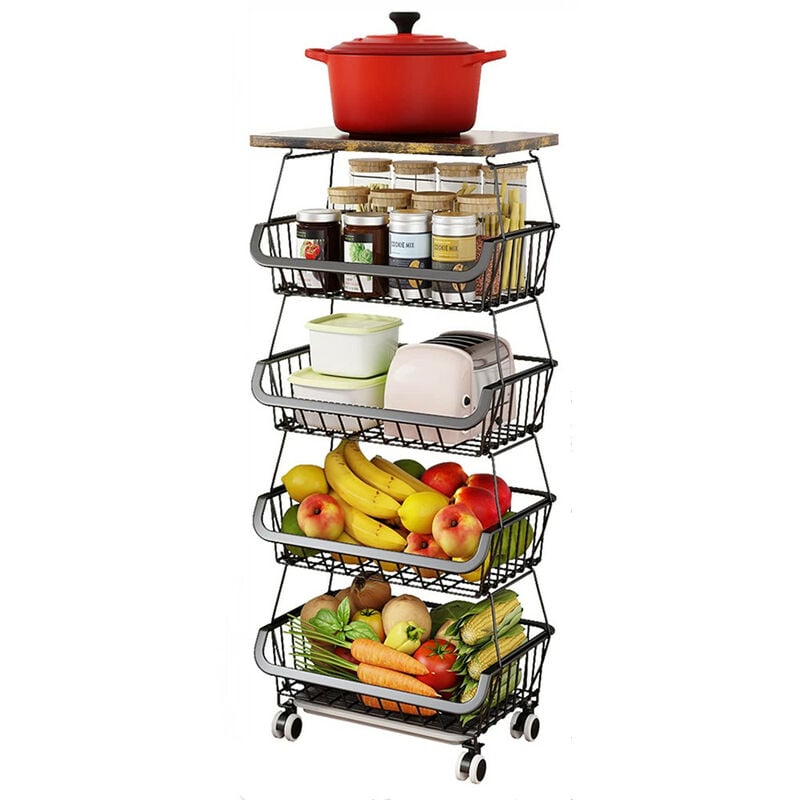 Tagère à légumes, corbeille à fruits empilable à 5 niveaux avec roulettes verrouillables panier en fil métallique avec couche supérieure pour