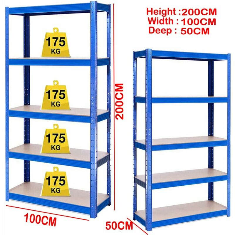 Tagère lourdes de 5 étages, étagères de stockage étagères de garage, étagères métalliques bleues, 200cm x 100cm x 50cm