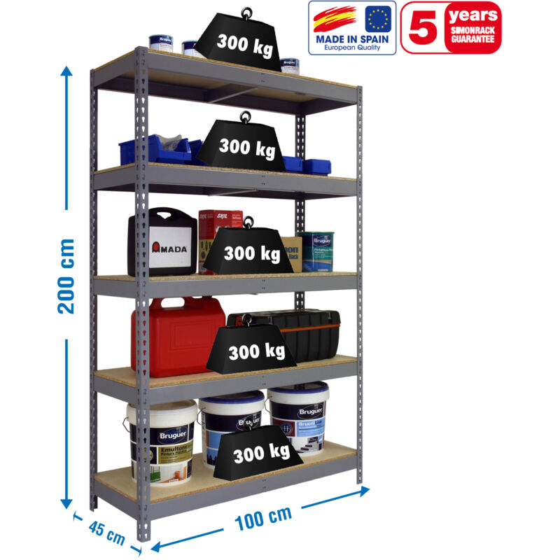 Tagère métallique Simon Rack sans vis couleur gris/bois 5 étagères 2000x1000x450 mm Fabriquée en Espagne
