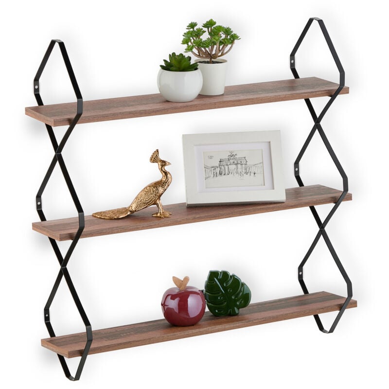 Relaxdays - tagère murale, 3 niveaux, HxLxP: 60x60x18,5 cm, support mural, design industriel, mdf & métal, marron / noir