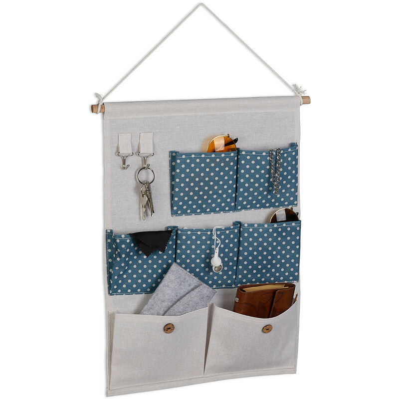 Relaxdays Étagère murale, 7 compartiments, 2 crochets, coton, HxL : 60x39 cm, salle de bain, organisateur, crème/bleu